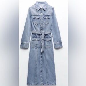 NWOT Zara Denim Maxi Dress with Belt - Size Medium